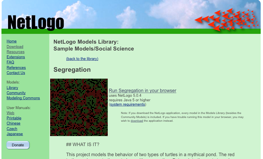 Screenshot of Schelling NetLogo website